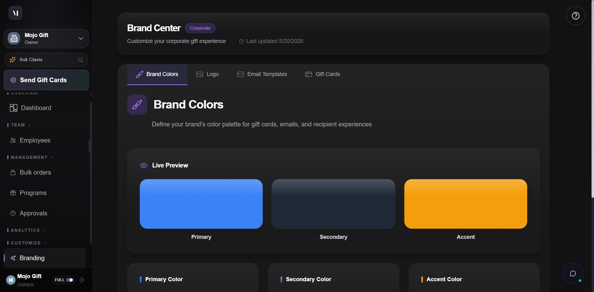 Brand Center Brand Colors tab. Live Preview row showing three rectangles: Primary (blue), Secondary (dark navy), Accent (orange). Below, three input cards: Primary Color #3B82F6 with subtitle Buttons & highlights, Secondary Color #1F2937 with subtitle Text & backgrounds, Accent Color #F59E0B with subtitle Special elements. Save Colors button at the bottom right.