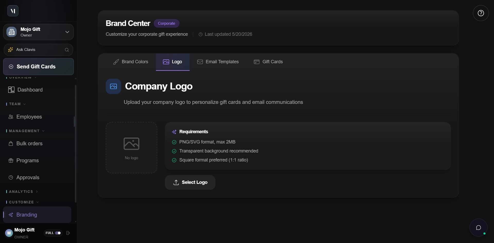 Brand Center Logo tab. Header reads Company Logo, Upload your company logo to personalize gift cards and email communications. Empty drop zone on the left labelled No logo. On the right, Requirements card lists: PNG/SVG format max 2MB, Transparent background recommended, Square format preferred (1:1 ratio). Select Logo button at the bottom.