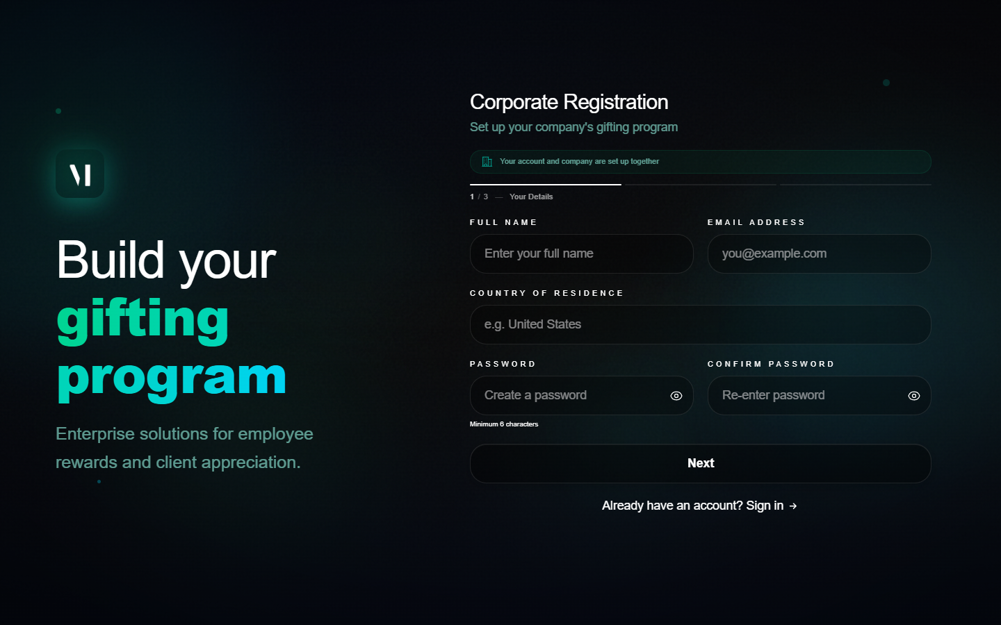 Step 1 of corporate registration. Header reads Corporate Registration with a banner Your account and company are set up together. Five fields visible: Full Name, Email Address, Country of Residence, Password, and Confirm Password. The footer says Minimum 6 characters with a Next button.