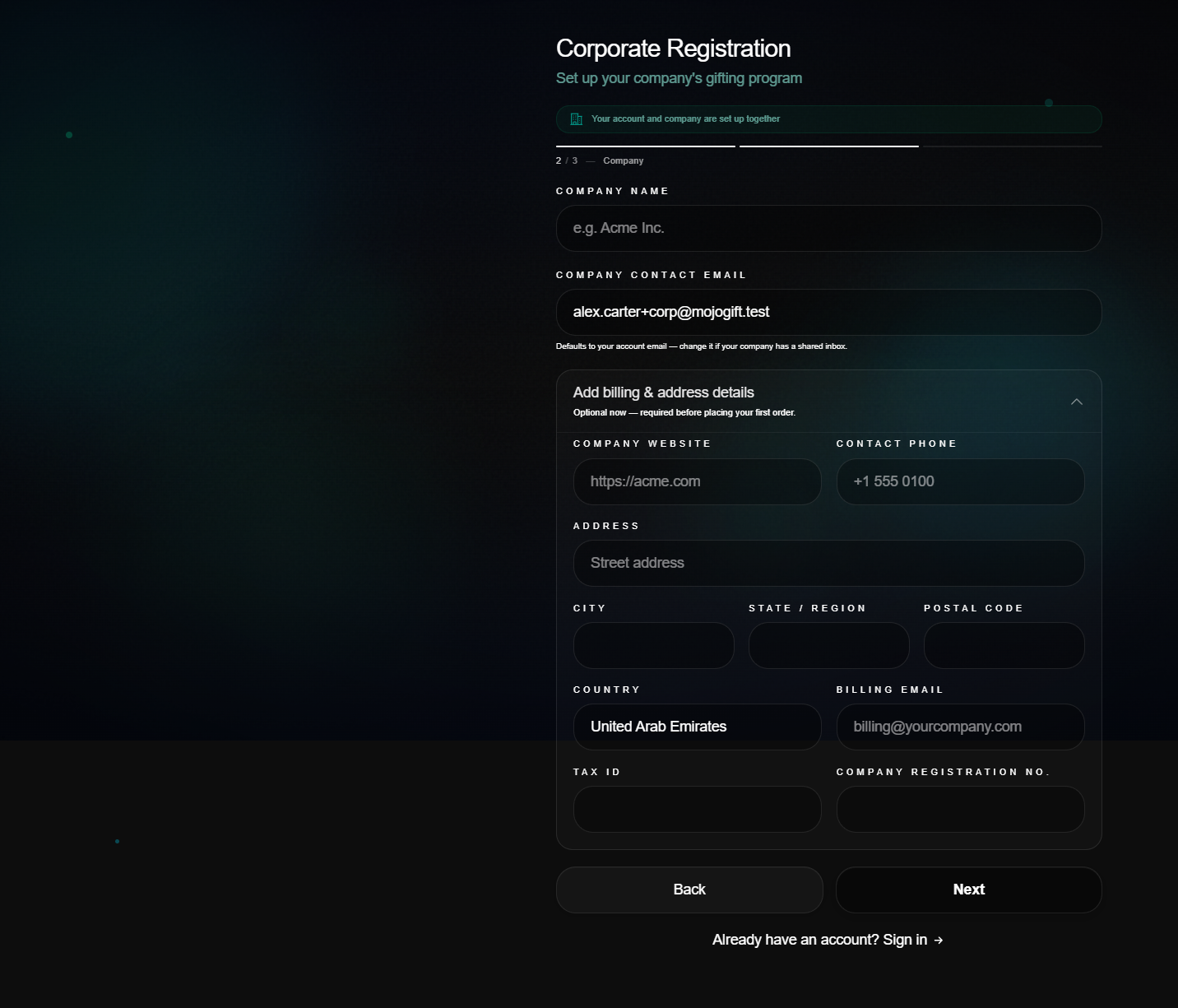 Step 2 of corporate registration with the Add billing and address details section expanded. Required fields Company Name and Company Contact Email at the top. Optional fields below include Company Website, Contact Phone, Address, City, State/Region, Postal Code, Country, Billing Email, Tax ID, and Company Registration No.