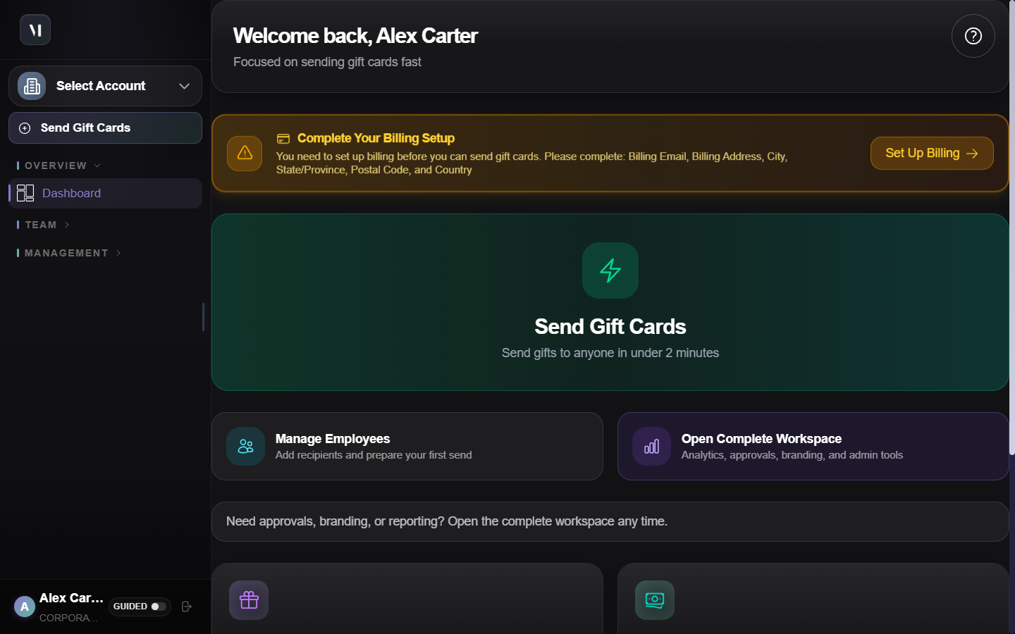 Corporate dashboard with the welcome modal dismissed. Top banner reads Complete Your Billing Setup, You need to set up billing before you can send gift cards. Please complete Billing Email, Billing Address, City, State/Province, Postal Code, and Country, with a Set Up Billing button on the right.