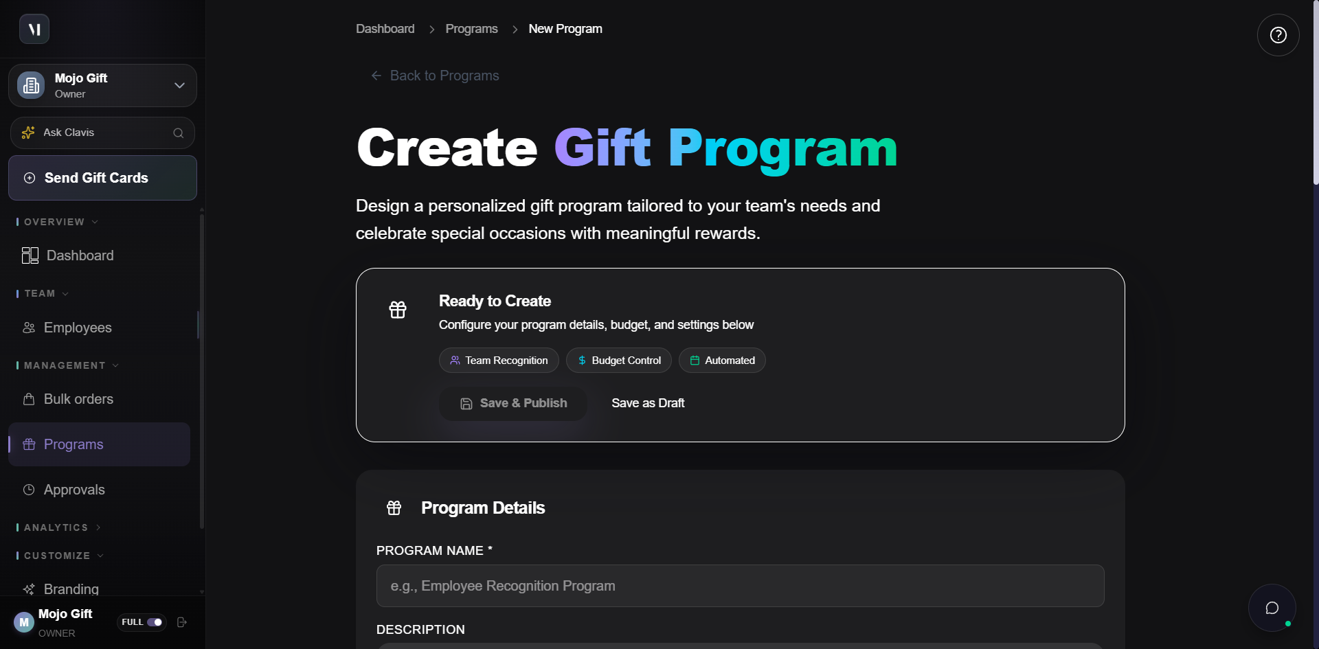 The order page top half. A panel headed How would you like to send gift cards? offers Express Mode (recommended) and Advanced Mode side by side, each with a Start button and a short feature list. Below, a Custom Order panel with two chips Complete Customization and One-Time Gift, then a What is a Gift Program? card with a Create My First Program button and a Skip - Use Custom Order Instead link.