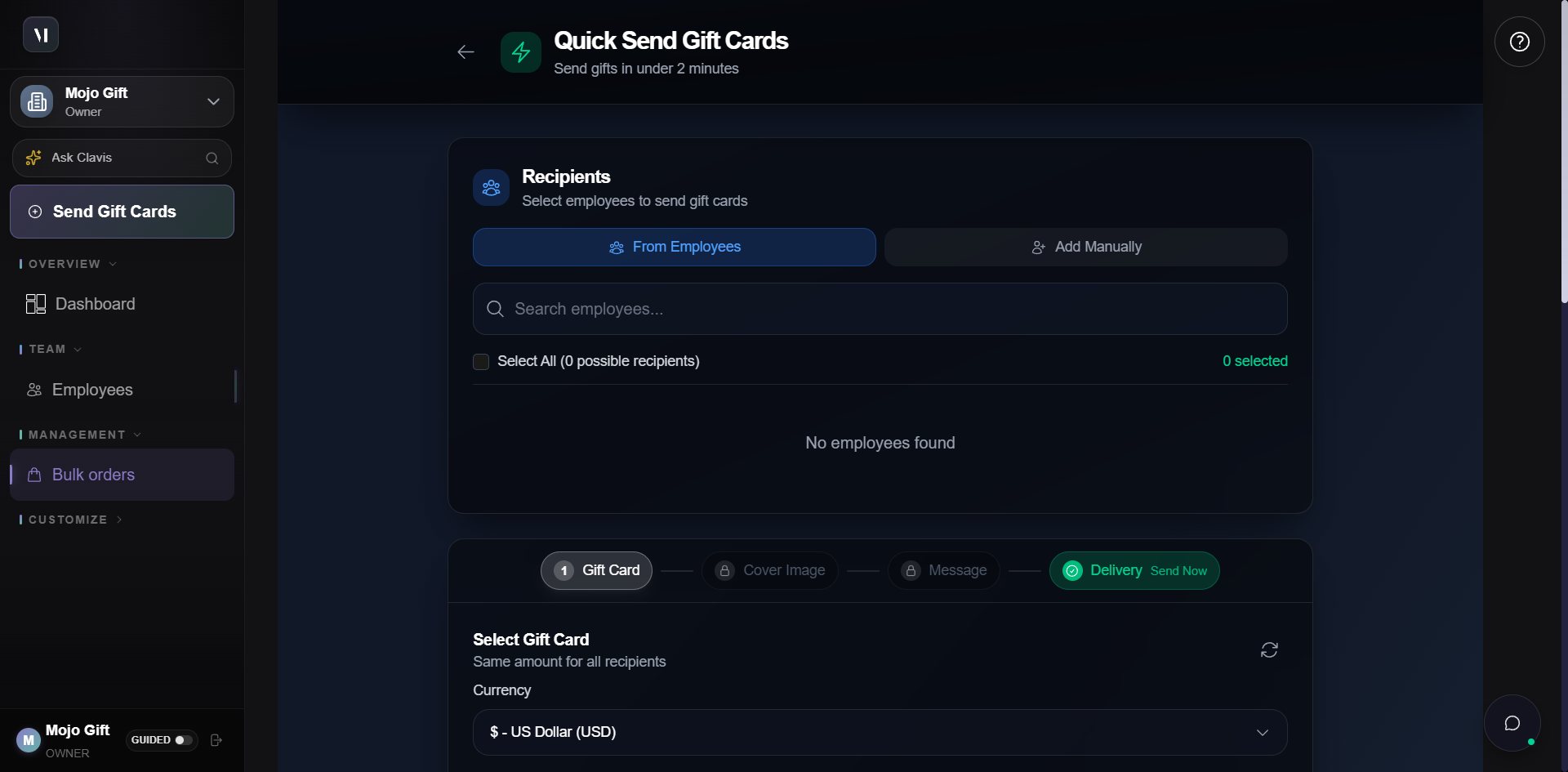 Express Mode Send Gift Cards form. Sections: Recipients (with From Employees / Add Manually tabs), Gift Card carousel showing 12 tier cards from $28.92 to $5,000 plus Custom, and a footer Total Amount $0 USD with a checklist: Select at least one recipient, Choose a gift card amount.