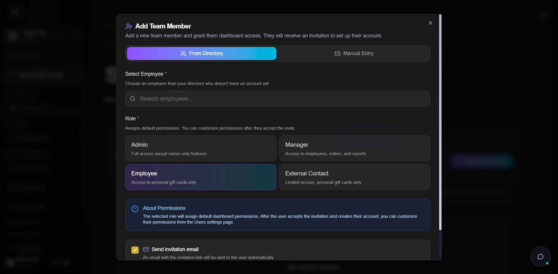 Add Team Member dialog open on the From Directory tab. Subtitle reads Add a new team member and grant them dashboard access. They will receive an invitation to set up their account. Tab row shows From Directory (active, gradient highlighted) and Manual Entry. Select Employee field with the helper Choose an employee from your directory who doesn't have an account yet and a search input labelled Search employees. Below, a Role section with helper Assigns default permissions. You can customize permissions after they accept the invite, and four role cards: Admin, Manager, Employee (currently selected, gradient highlight), External Contact. Below the role grid is an info card titled About Permissions explaining that the role assigns default permissions and can be customized later.