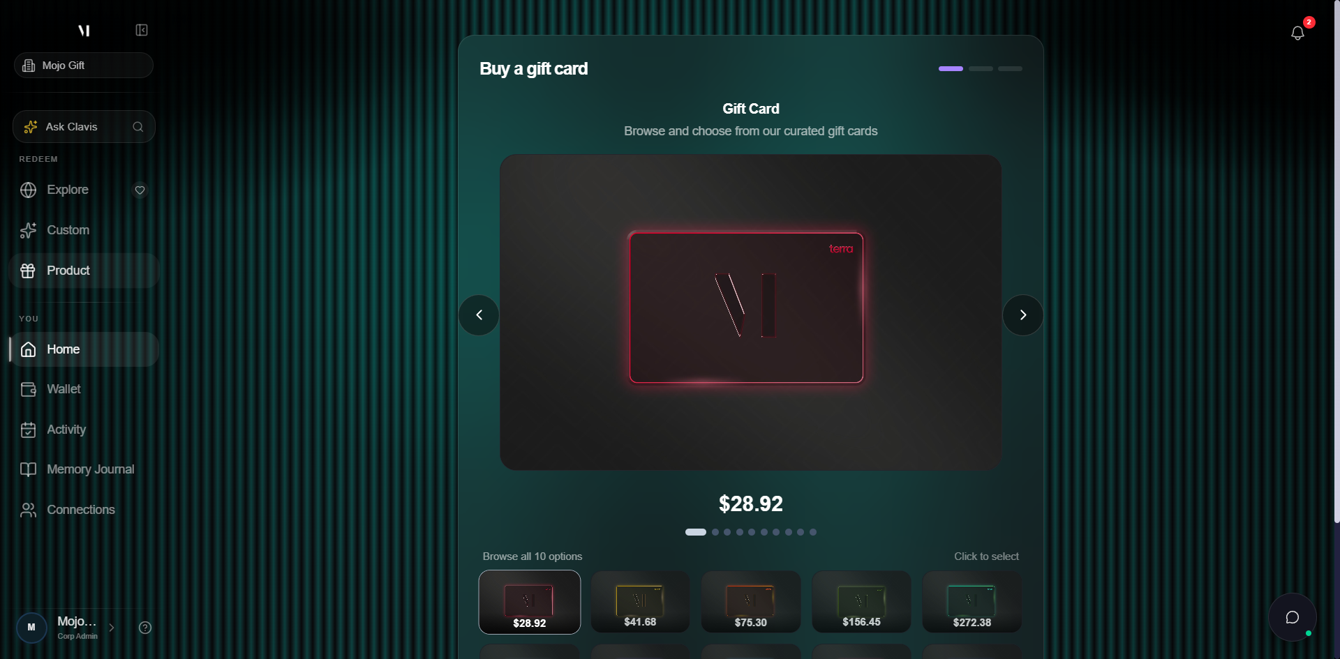 Buy a gift card wizard, step 1. A heading Buy a gift card with a four-segment progress indicator at the top. The first segment is highlighted. Centred under the heading, a large preview of the Terra gift card with left and right arrow buttons to flip through tiers. Below the preview, a small price chip reads USD 28.92. A row of dot indicators corresponds to each of the eleven tier previews. A Browse all 11 options grid follows, listing every tier from Terra (USD 28.92) up to Exora (USD 5000.00) with a small thumbnail and price under each.