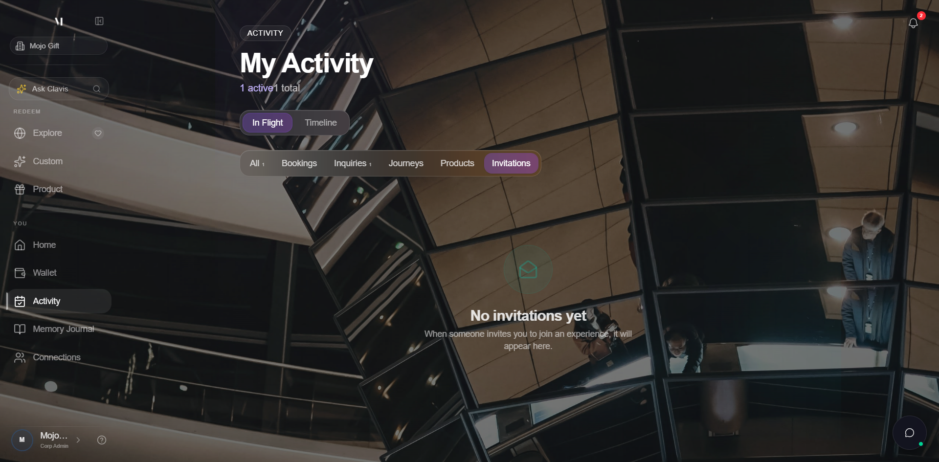 My Activity page filtered to the Invitations chip. The chip row across the top shows All, Bookings, Inquiries, Journeys, Products, Invitations (selected). Below, an empty state reads No activity yet, paragraph Browse curated experiences or plan a custom journey to get started, with a Browse Experiences button.