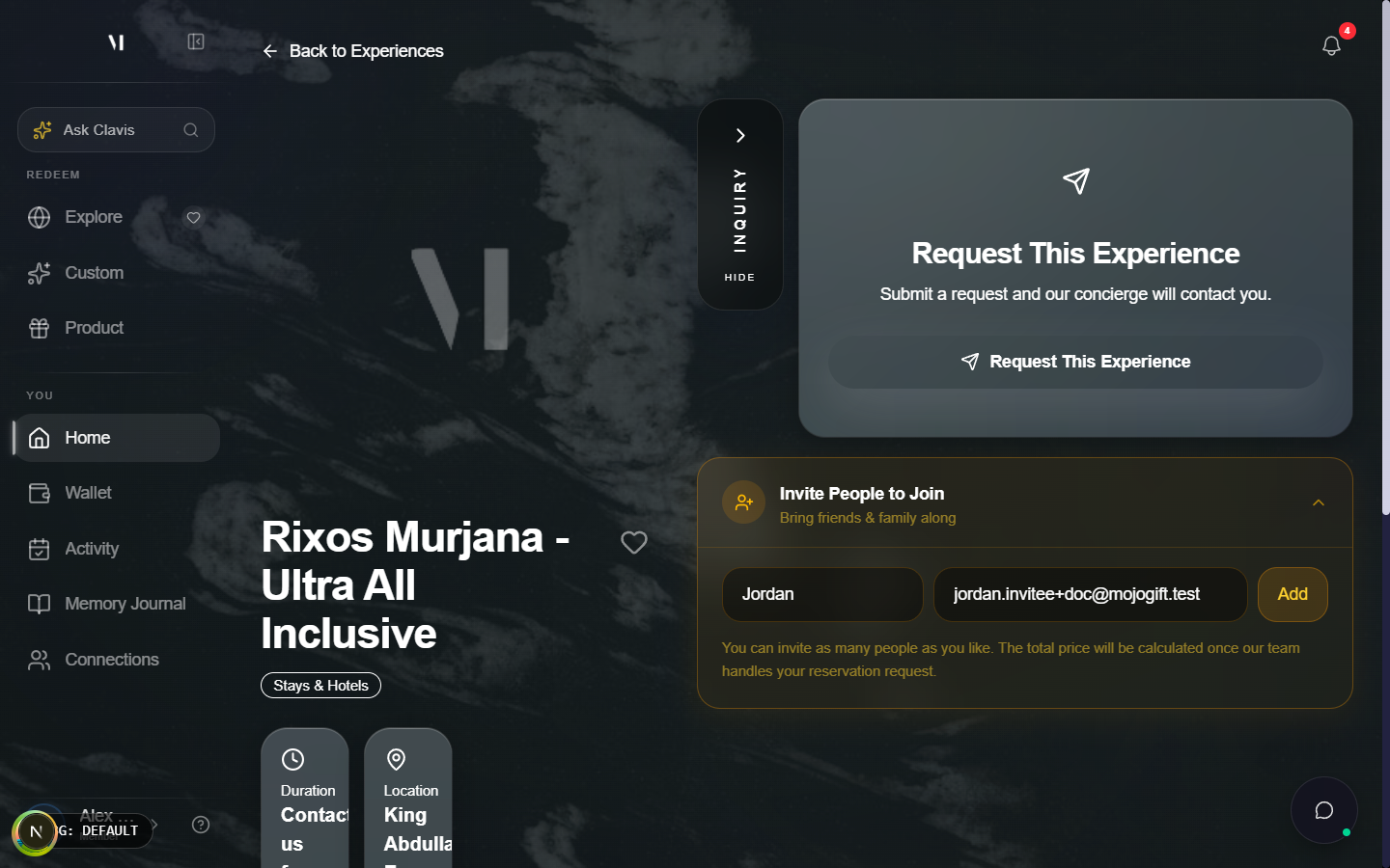 Invite People to Join card on the experience detail. Headline Invite People to Join with subtitle Bring friends & family along. Two inputs: First name and Email address. An Add button on the right. Below the form, the just-added guest appears as a row Jordan, jordan.invitee+doc@mojogift.test with a Remove action. Footer note: You can invite a maximum of one guest. The total price will be calculated once our team reviews your reservation request.