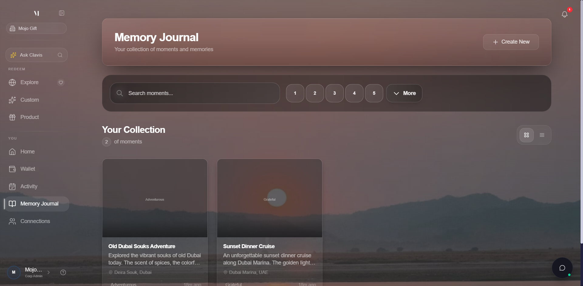 The Memory Journal page. Heading Memory Journal with subtitle Your collection of moments and memories. A Create New button to the top right. A search field with placeholder Search memories. A row of intensity filter buttons numbered 1 (Very Light) through 5 (Very Strong) and a More button on the right. Below, a centred empty state heading No memories yet with the line Start capturing your special moments. Every journey begins with a single memory and a Create First Memory button. The sidebar on the left shows Home, Wallet, Activity, Memory Journal highlighted, and Connections.