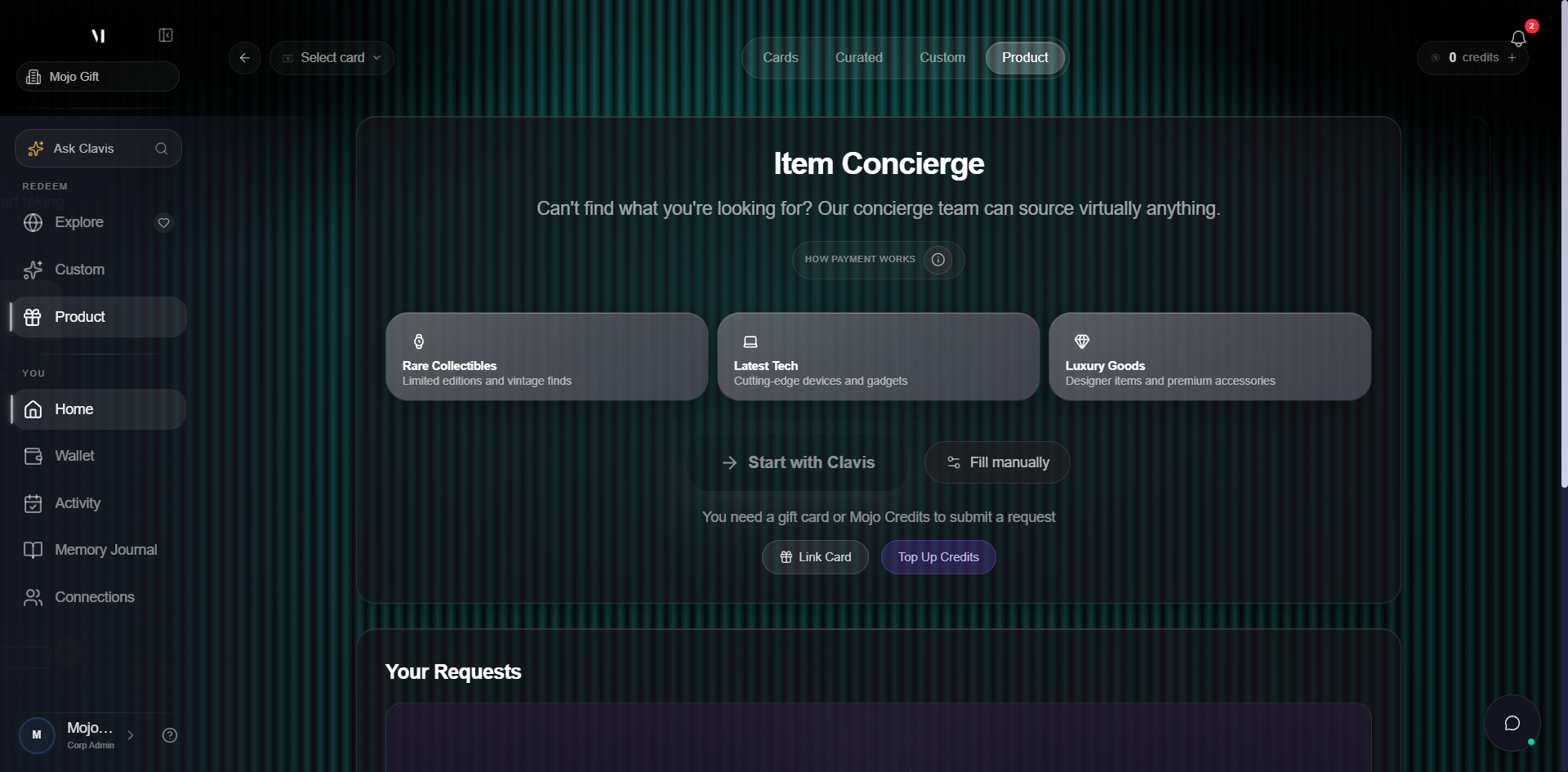 Product Request overview page. Header strip shows tabs Cards, Curated, Custom, Product (selected), with a Mahara card pill and a Mojo Credits balance pill on the right. Main content shows a Create Your Dream Journey card on page 1 and an Item Concierge card on page 2 of the carousel. The Item Concierge card lists Rare Collectibles, Latest Tech, Luxury Goods. Two action buttons at the bottom: Start with Clavis and Fill manually.
