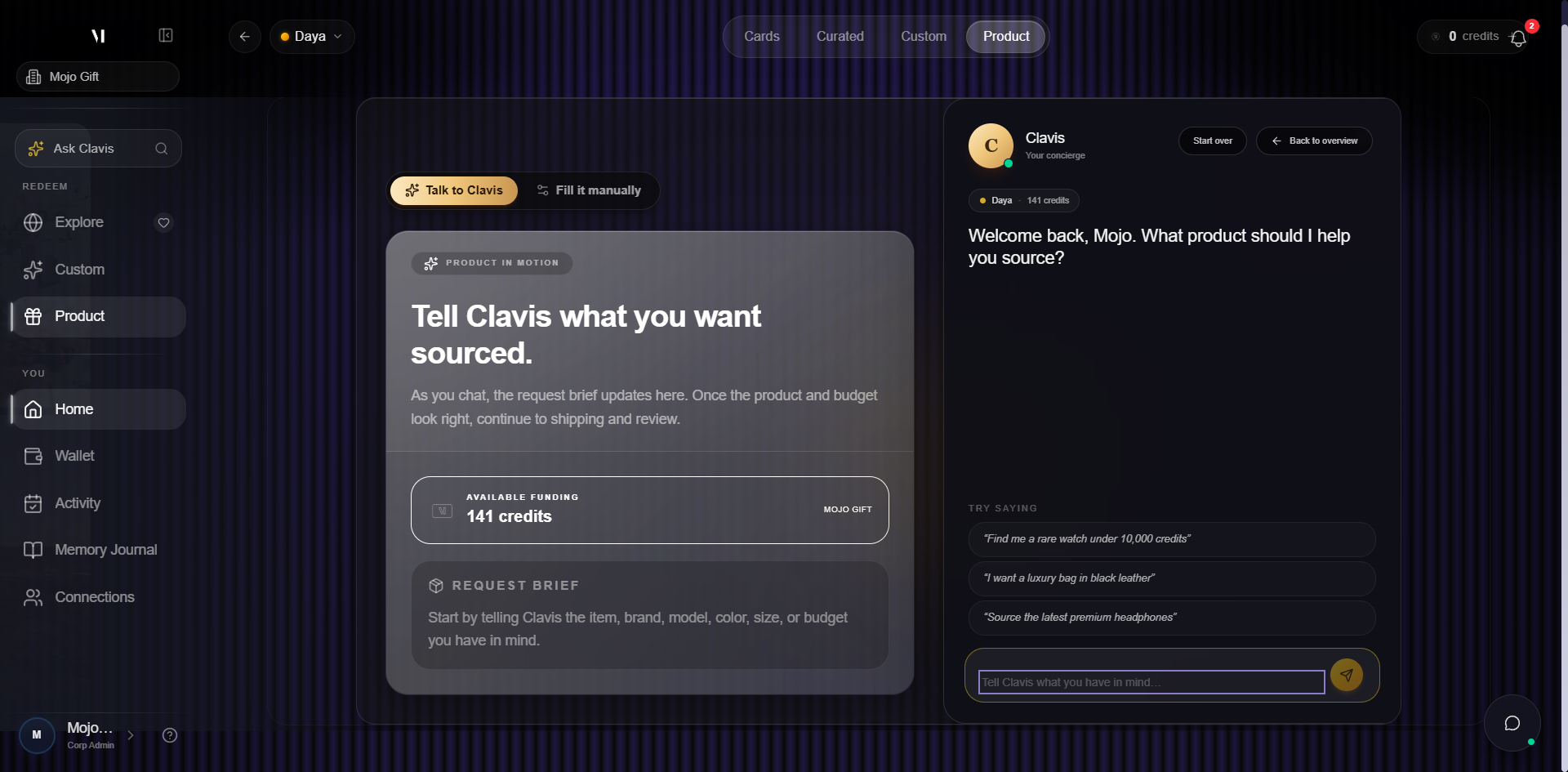 Product Request with the Talk to Clavis path active. The header has a toggle between Talk to Clavis (highlighted) and Fill it manually. Left panel reads YOUR REQUEST IN MOTION with the heading Tell Clavis what you want sourced and a paragraph explaining that as you chat, the request and budget look right. Below: an Available Funding card showing 1,350 credits, and a Request Brief block listing 1350 credits and Standard. Right panel is a Clavis chat surface with avatar and header Clavis, balance chip, Welcome back, Alex. What product should I help you source? Three suggested prompts underneath: Find me a rare watch under 10,000 credits, I need a luxury bag in black leather, Source the latest premium headphones. A text field at the bottom.