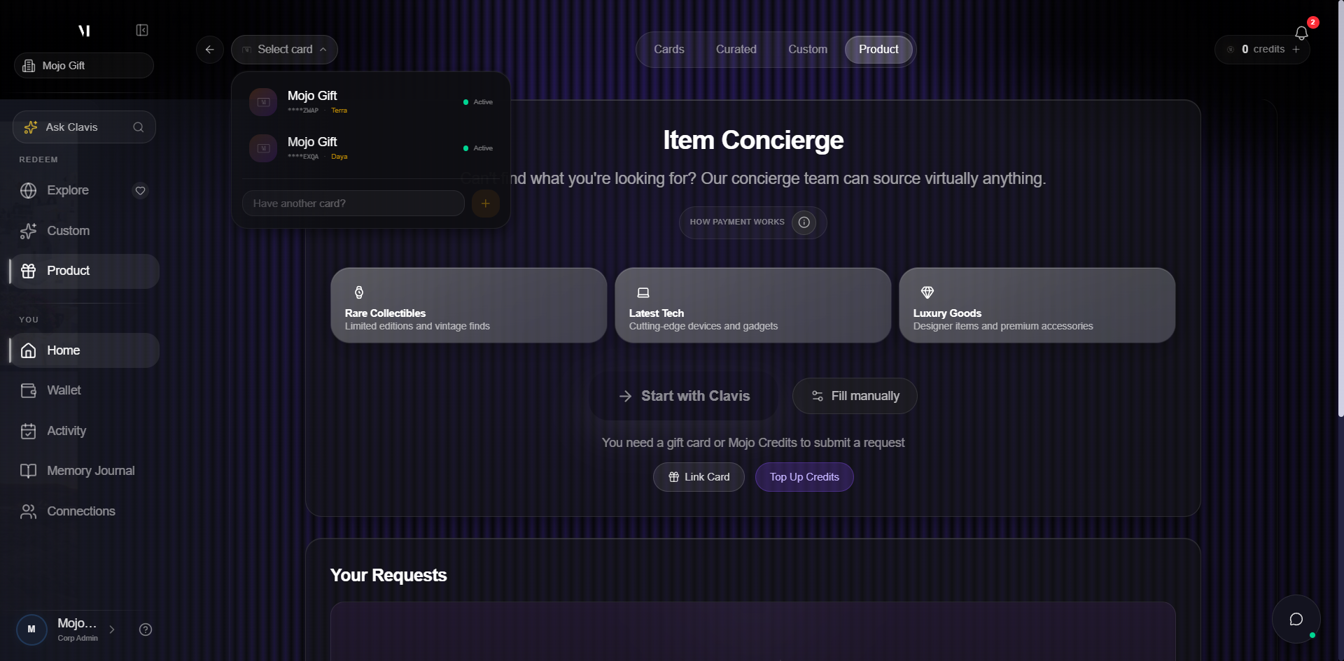 Product Request manual flow step 1 of 4. Stepper at the top shows Gift Card (current), What You Want (disabled), Shipping & Contact (disabled), Review & Submit (disabled). Heading Gift Card with subtitle Select funding now or skip. You'll still be able to set a lower target budget in the next step. A gift card option shows R Famorca ****B7AS, 1,350 credits, Active. Below, a Gift Card Selected confirmation with Available Funding 1,350 credits. Two buttons at the bottom: Continue without gift card and Continue.