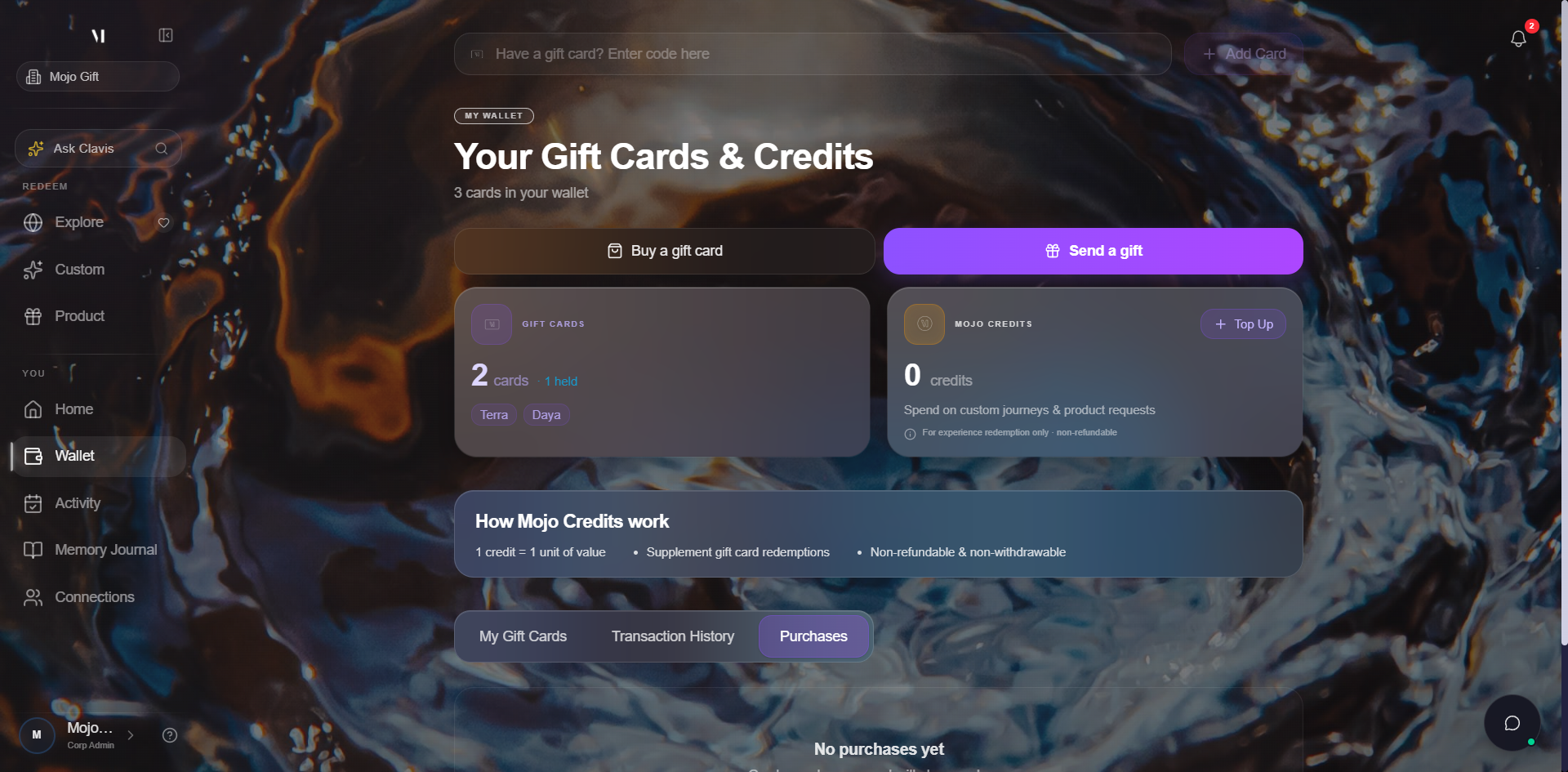 Wallet page. A wide input bar runs across the top with placeholder Have a gift card? Enter code here. To the right is an Add Card button (disabled because the input is empty). Below the bar are the wallet header (Your Gift Cards & Credits, 3 cards in your wallet) and the Buy a gift card / Send a gift action buttons.
