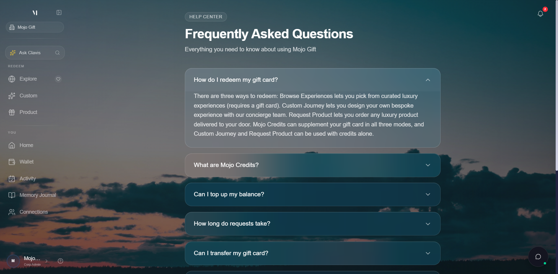 Help Center page with the first FAQ How do I redeem my gift card? expanded, showing the answer text in plain prose underneath.