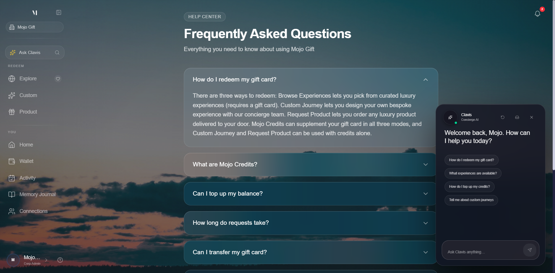 Clavis chat panel open over the wallet page. Header reads Clavis, Concierge AI. Welcome message reads Welcome back, Super. How can I help you today? Below it, four starter prompt buttons: How do I redeem my gift card?, What experiences are available?, How do I top up my credits?, Tell me about custom journeys. A text input at the bottom reads Ask Clavis anything.