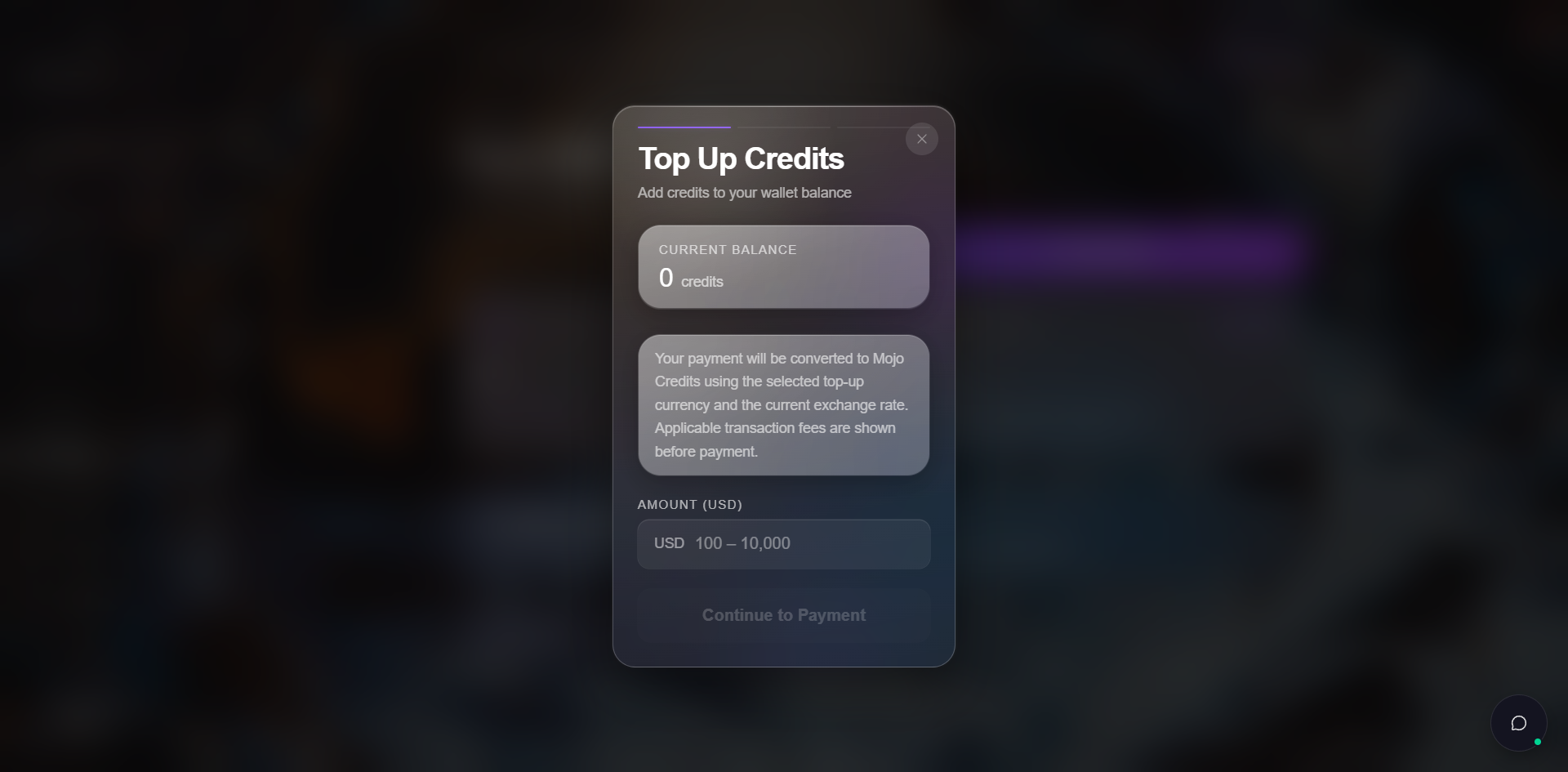 Top Up Credits dialog with 200 entered in the Amount field. A You'll receive 200 credits hint sits under the input. A summary block at the bottom lists You receive 200 credits, Amount 200.00 USD, Fee (3%) 6.00 USD, Total 206.00 USD. The Continue to Payment button is now enabled.