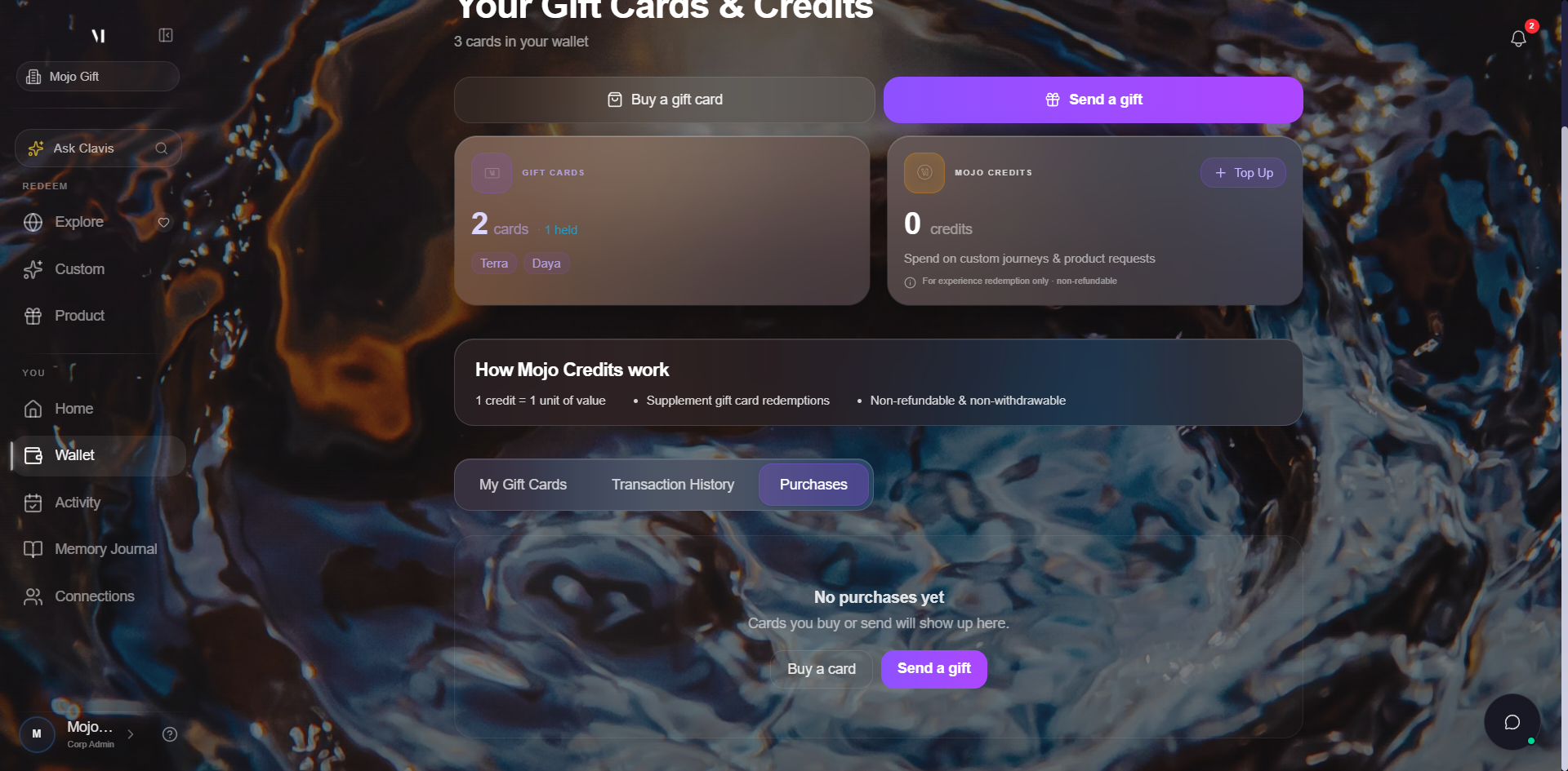 Purchases tab active. Two rows visible: Single gift dated 5/6/2026 12:21:39 PM with status PENDING and amount USD 75.30 on the right; and Single gift dated 5/6/2026 12:19:36 PM, also PENDING, amount USD 41.68.